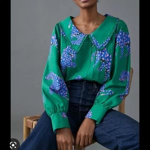 Farmrio green leopard pleated blouse